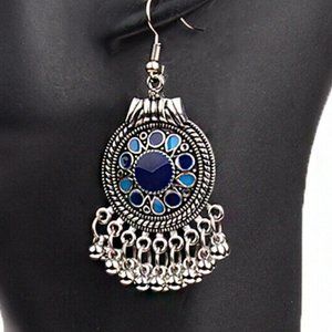 Boho Earrings Silver & Blue Enamel Pierced Dangles 2 3/4" with Tassels NWT M426